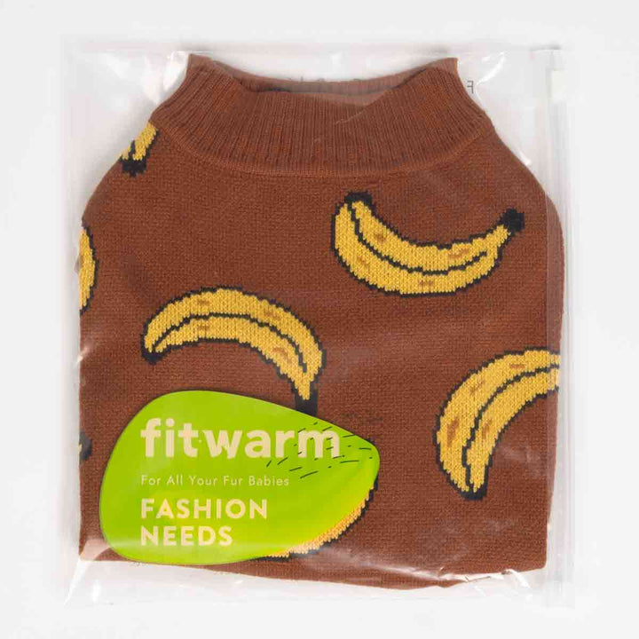 Packaged brown dog sweater with yellow banana pattern inside a clear Fitwarm bag.