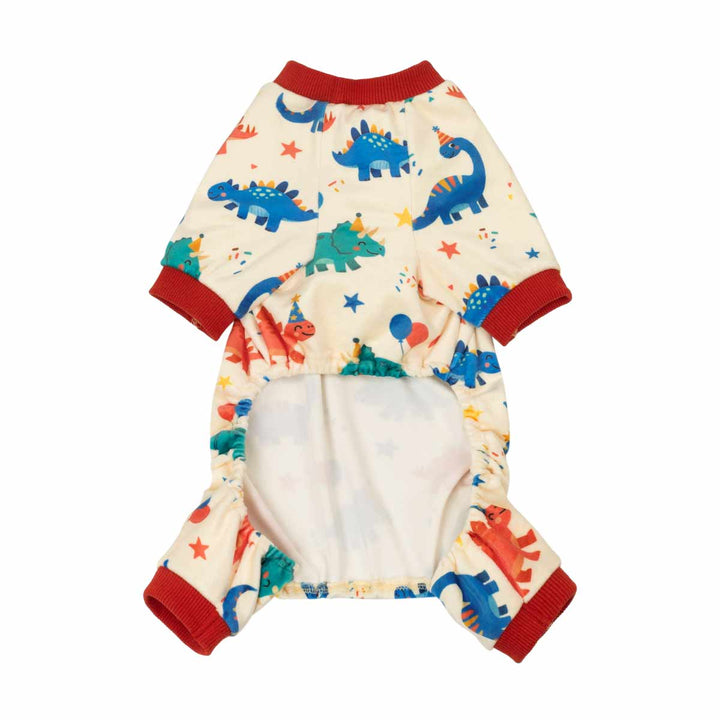 Birthday dog onesie with dinosaur pattern on a white background
