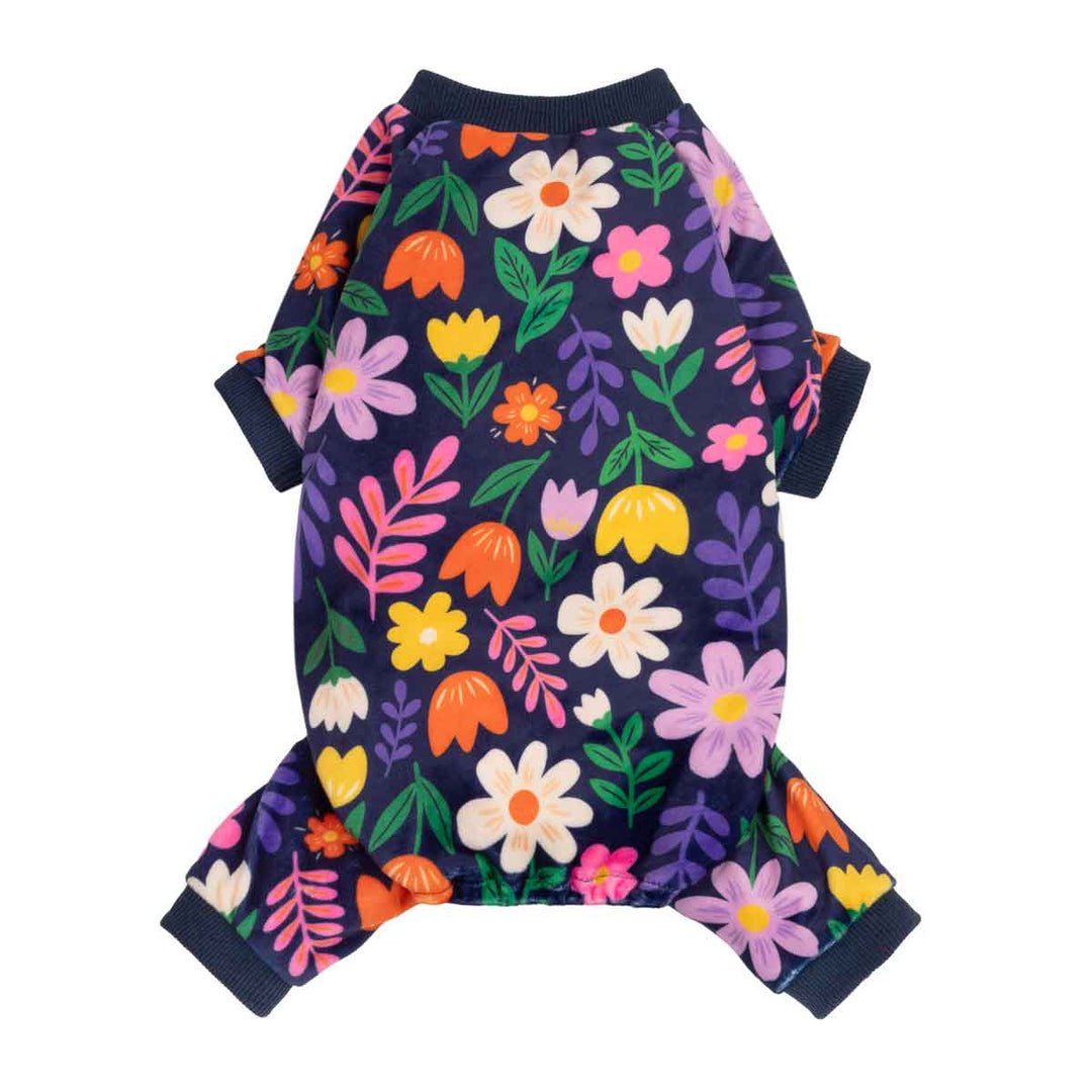 Cozy dog pjs with colorful flower prints on white background