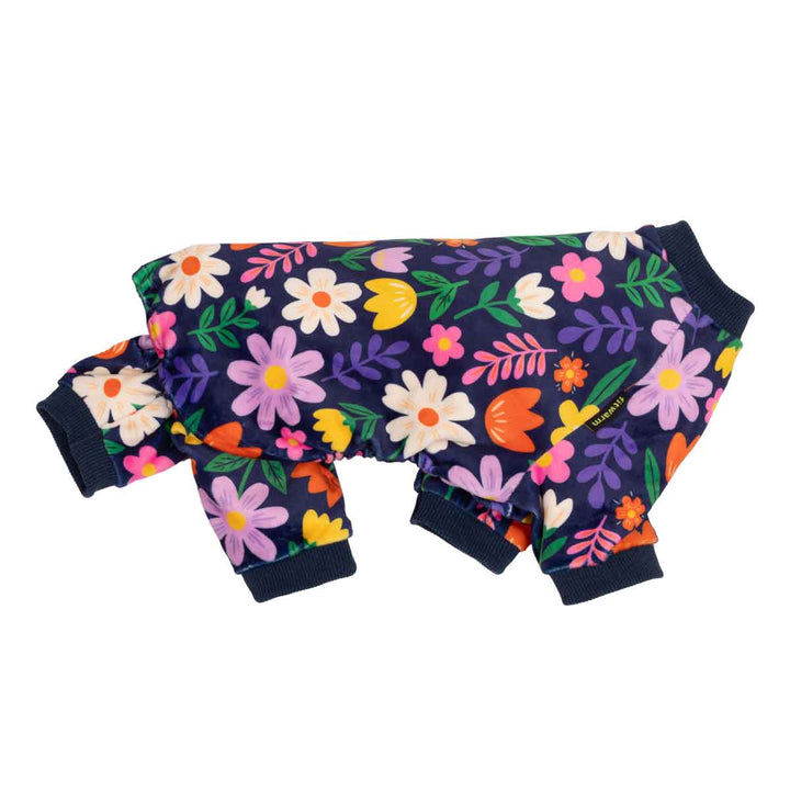Side view of colorful floal pajamas for dogs