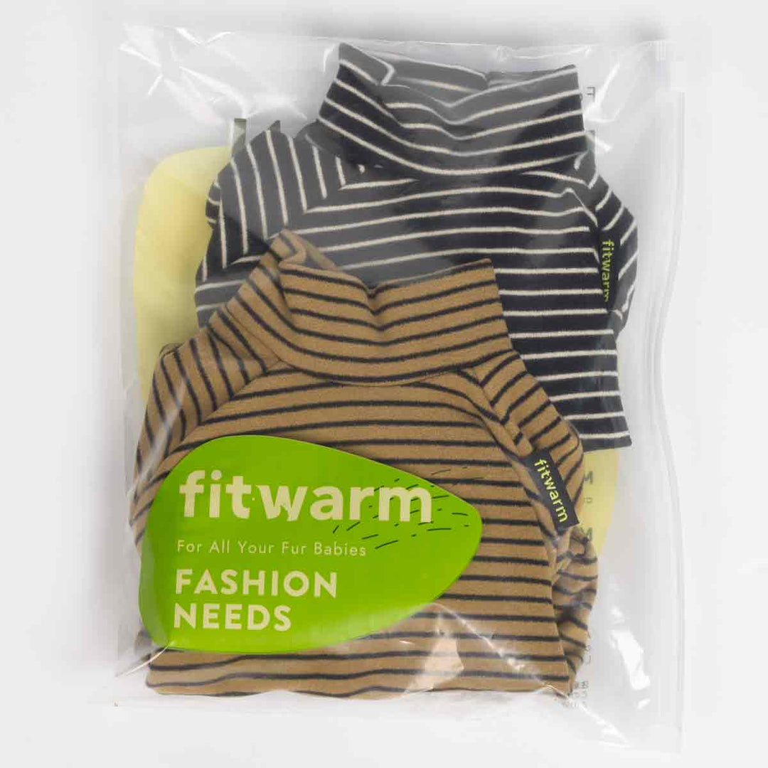 Two striped dog pajamas in black and tan neatly packed in a Fitwarm transparent bag.