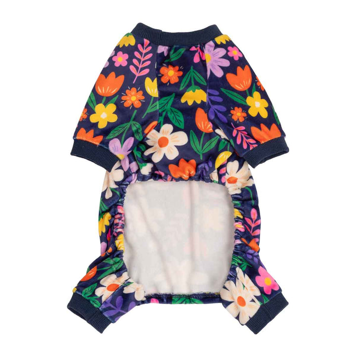 Colorful dog floral onesie showing on a white background with fleece lining