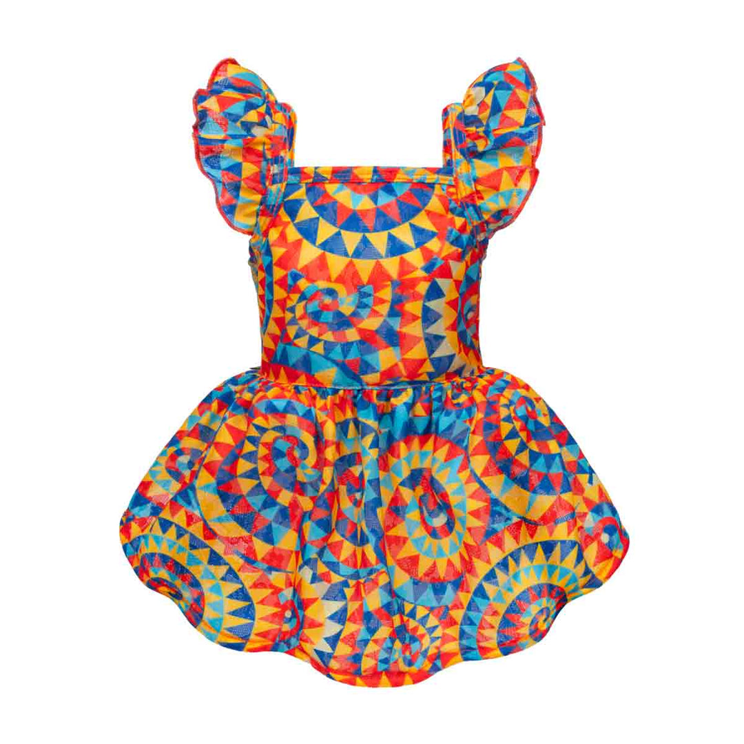 Colorful dog dress with a kaleidoscope pattern on a white background