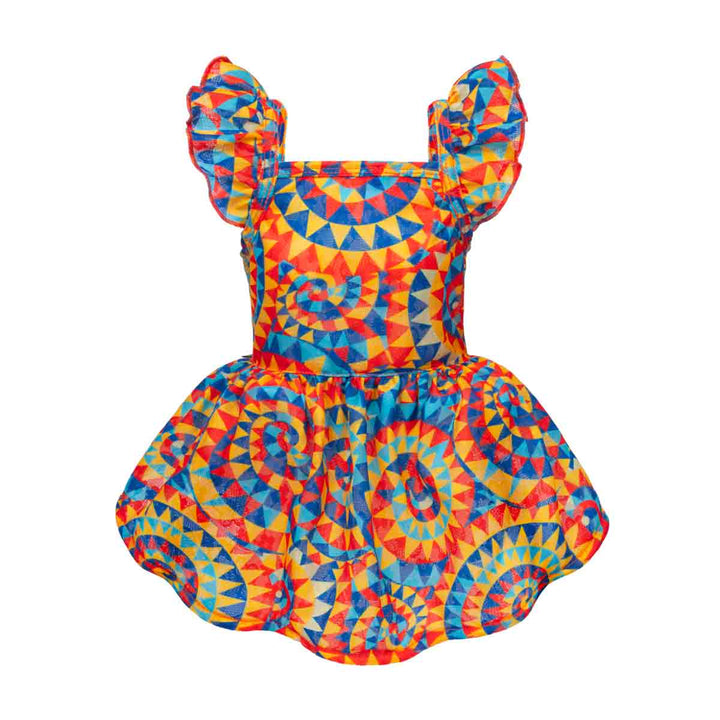 Colorful dog dress with a kaleidoscope pattern on a white background