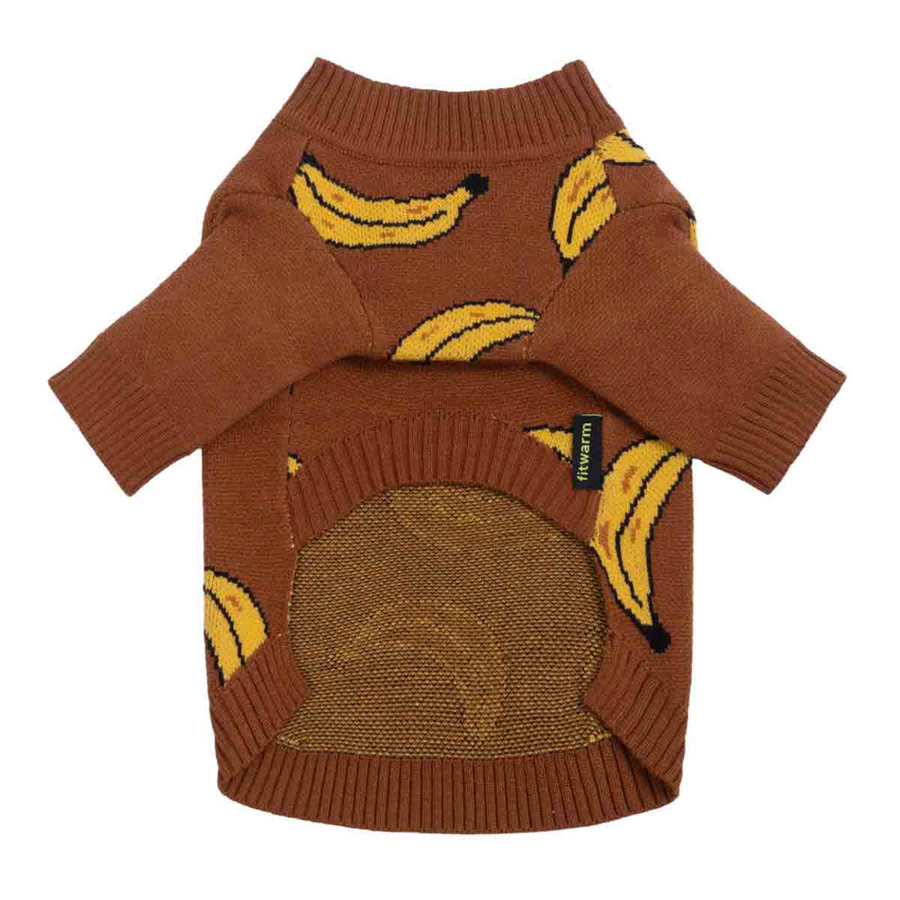 Brown dog sweater with yellow banana pattern shown from the back and inner side.