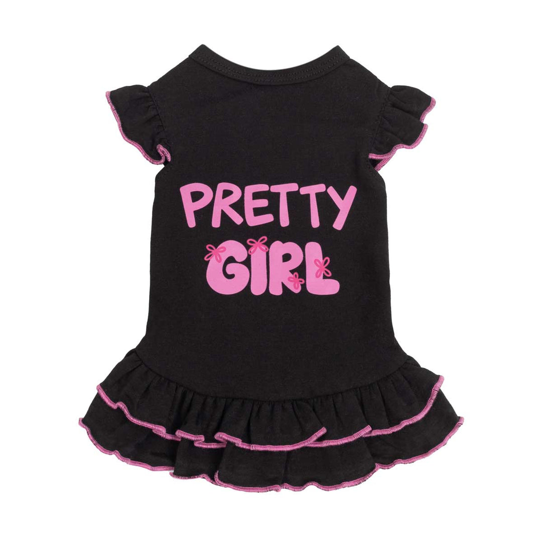 Sweet ruffled dog dress with 'Pretty Girl' lettering and bow prints