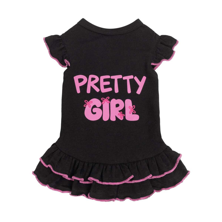 Sweet ruffled dog dress with 'Pretty Girl' lettering and bow prints