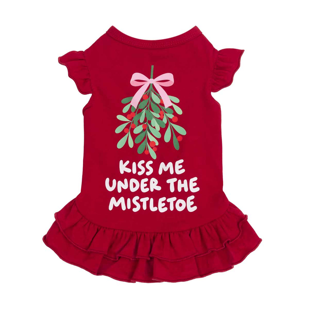 Christmas dress for dogs with sweet lettering, mistletoe, and bow prints