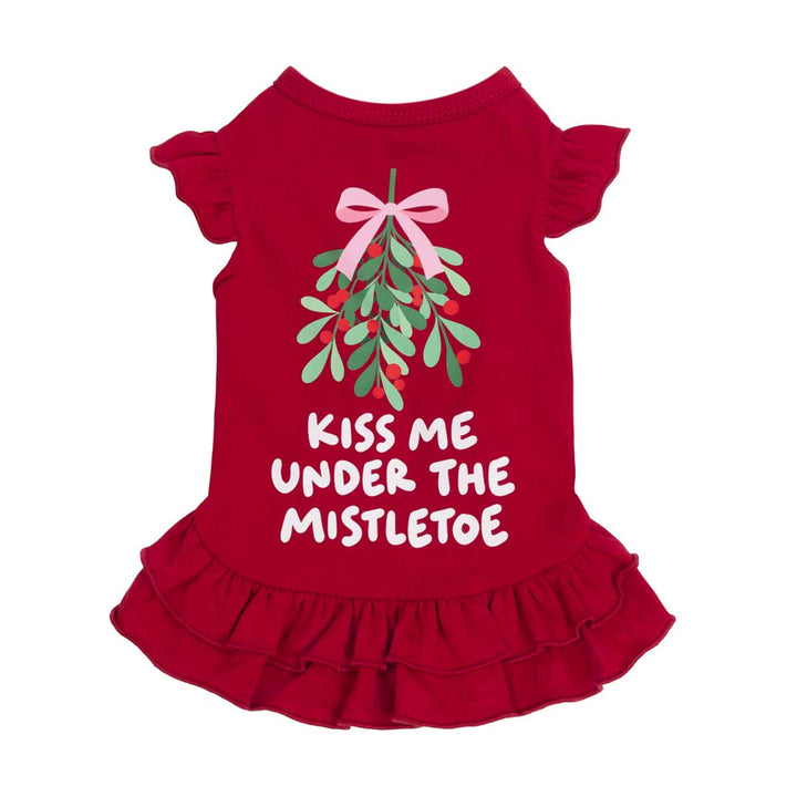 Christmas dress for dogs with sweet lettering, mistletoe, and bow prints