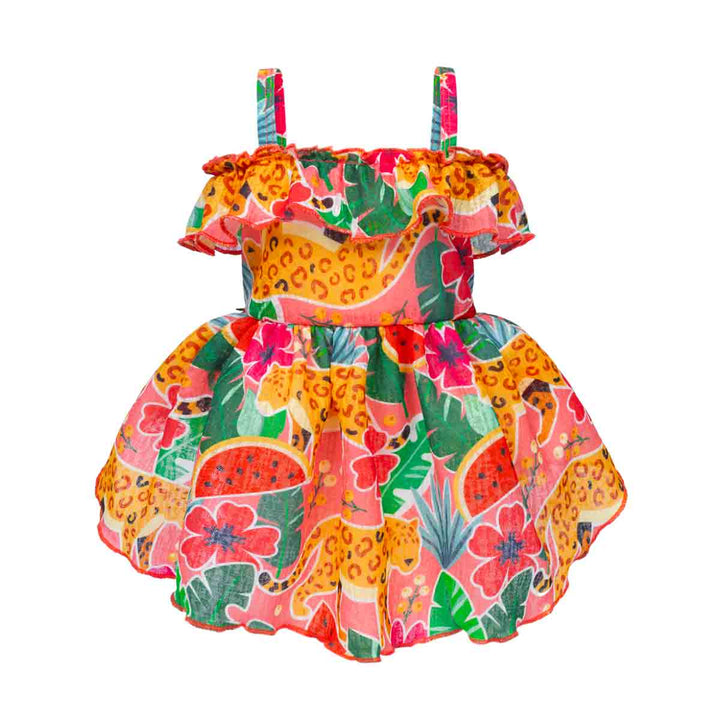 Colorful Hawaiian dog dresses with flruit and animal print on a white background