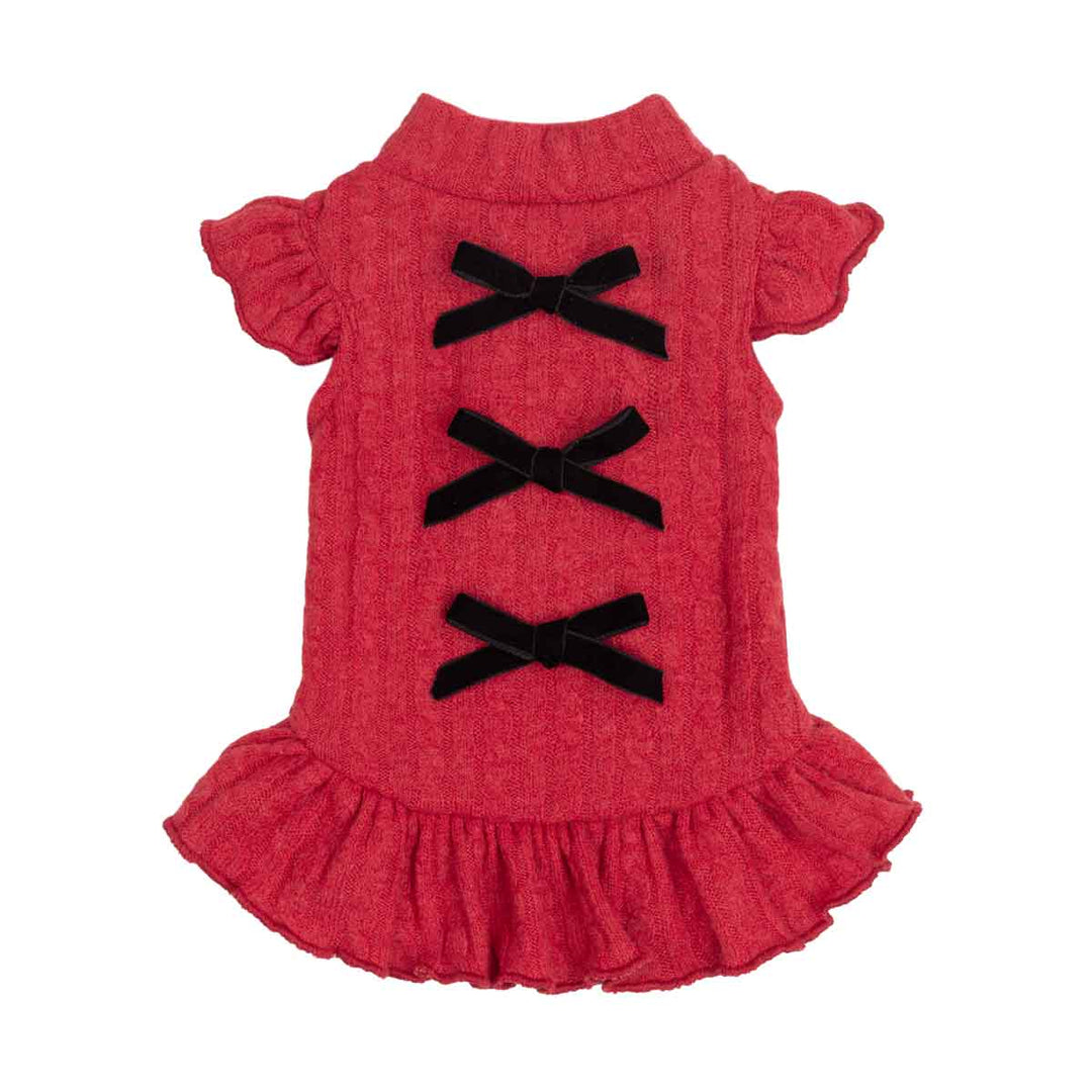 Red knit dress for dogs with short flutter sleeves, a ruffled hem, and three black ribbon bows on the back, shown against a plain white background