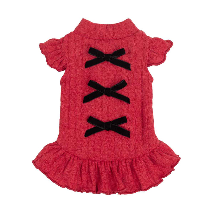 Red knit dress for dogs with short flutter sleeves, a ruffled hem, and three black ribbon bows on the back, shown against a plain white background