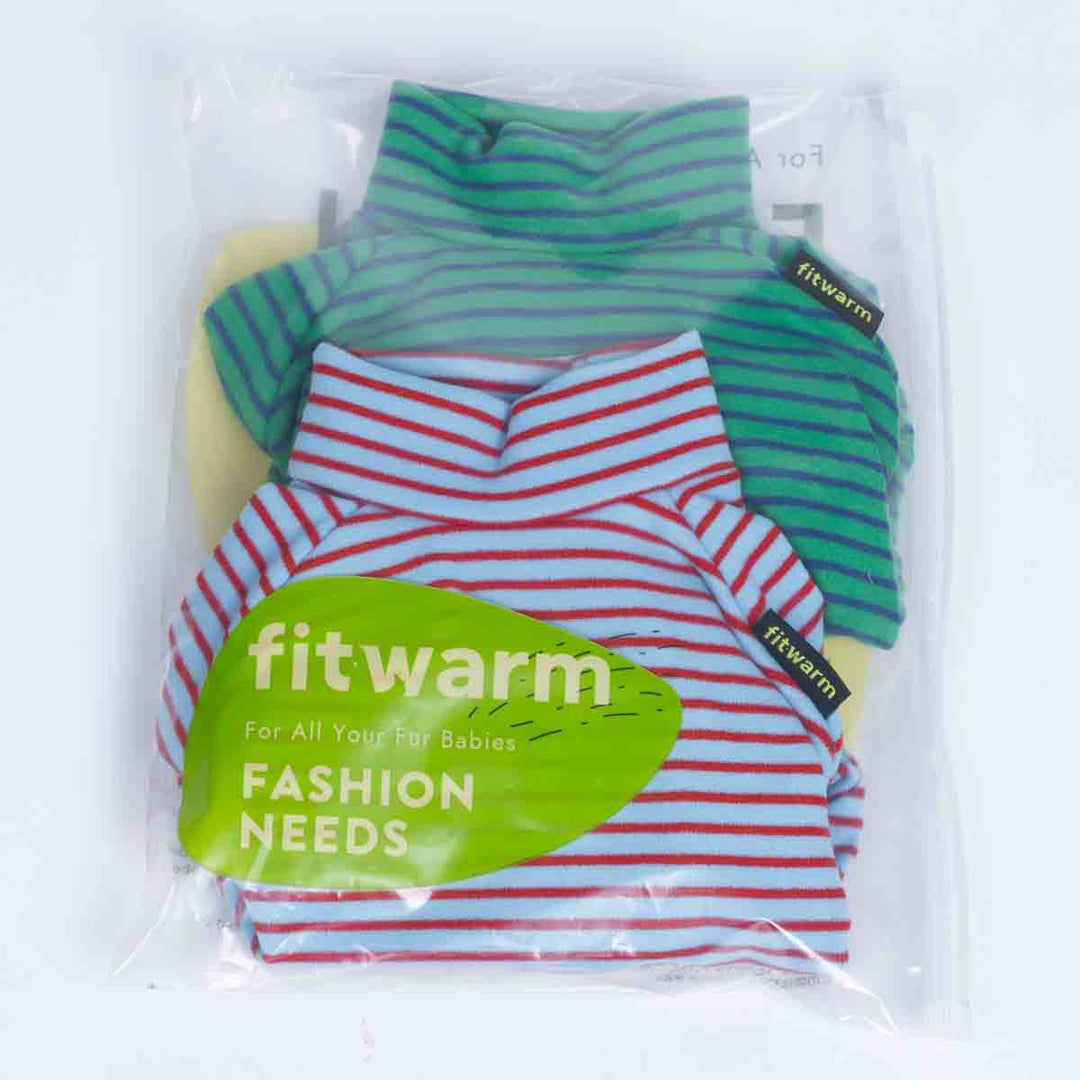 Two striped dog pajamas in green and blue-red colors neatly packed in a Fitwarm transparent bag.
