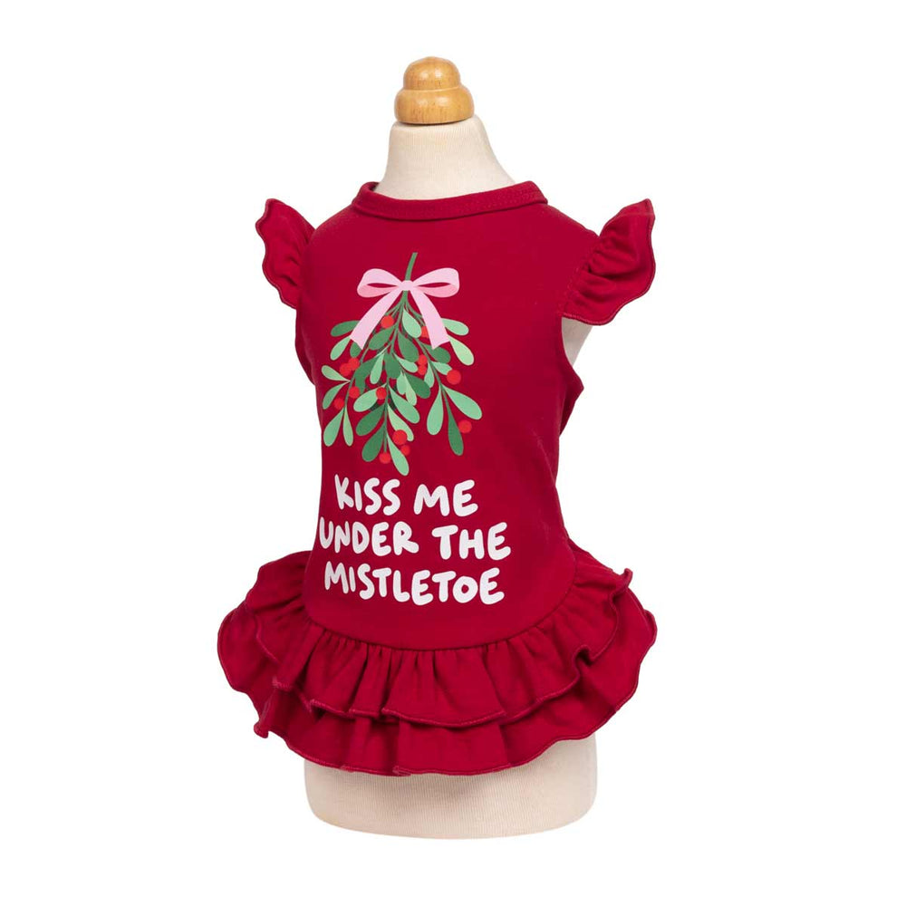 Christmas ruffled dress for dogs in sweet  'Kiss me under the mistletoe' lettering and mistletoe with a bow on the top