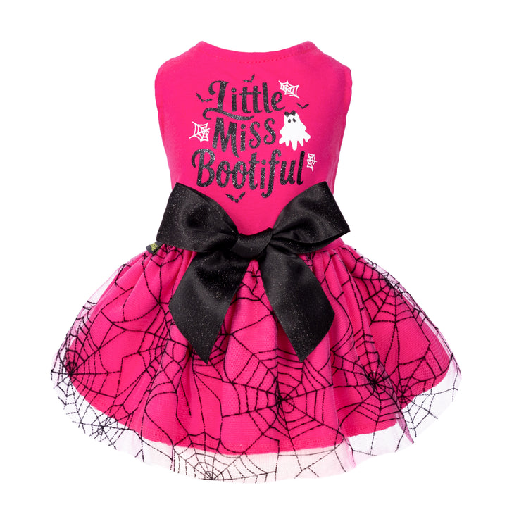 Pink Halloween dog dress with 'Little Miss Bootiful' text, ghost, bats, spiderweb details, black bow, and mesh skirt.
