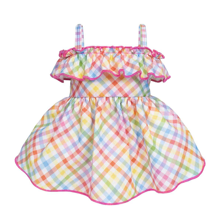 A front view of a cute dog dress with a colorful plaid design and a ruffled neckline. The dress features adjustable straps and pink trim, ideal for a vibrant and cheerful look.