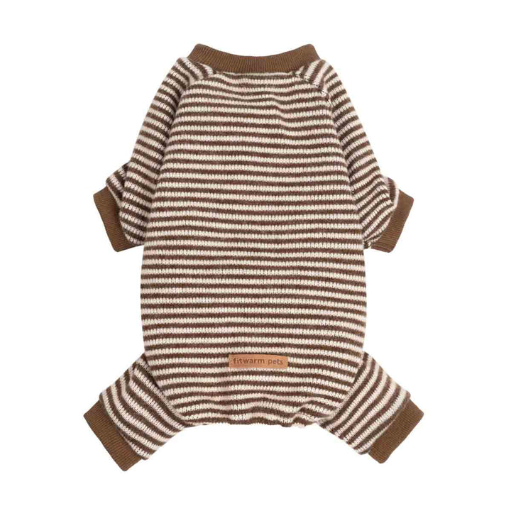 Brown and beige striped dog knitted pajamas with brown ribbed cuffs and ankles, shown flat on a white background
