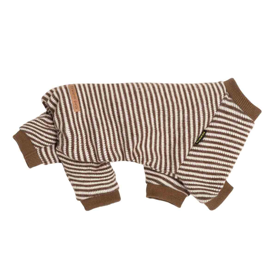 Brown and cream striped pajamas for dogs with solid brown ribbed cuffs and collar, laid flat on a white background