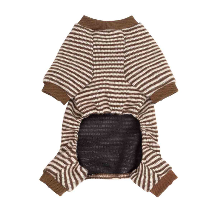 Knitted dog onesie with brown and cream horizontal stripes, featuring solid brown ribbed cuffs and collar, and a dark brown textured mesh belly panel, shown flat on a white background