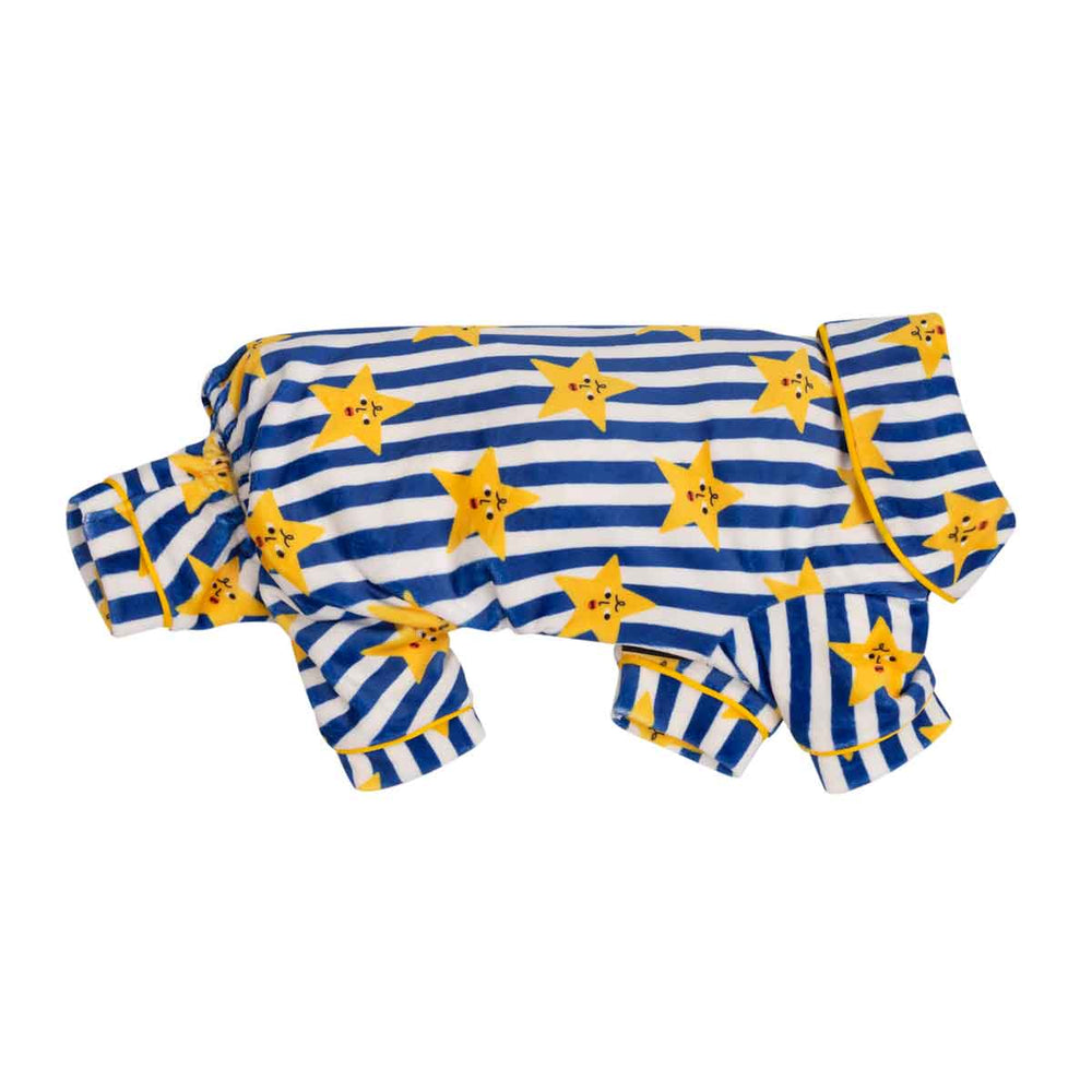 Side view of white and blue striped star dog pjs with collared neck design for extra warmth