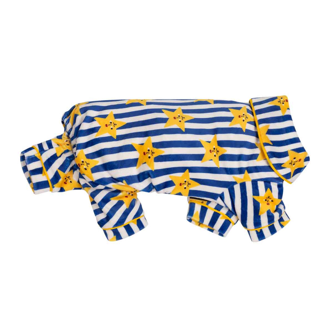 Side view of white and blue striped star dog pjs with collared neck design for extra warmth