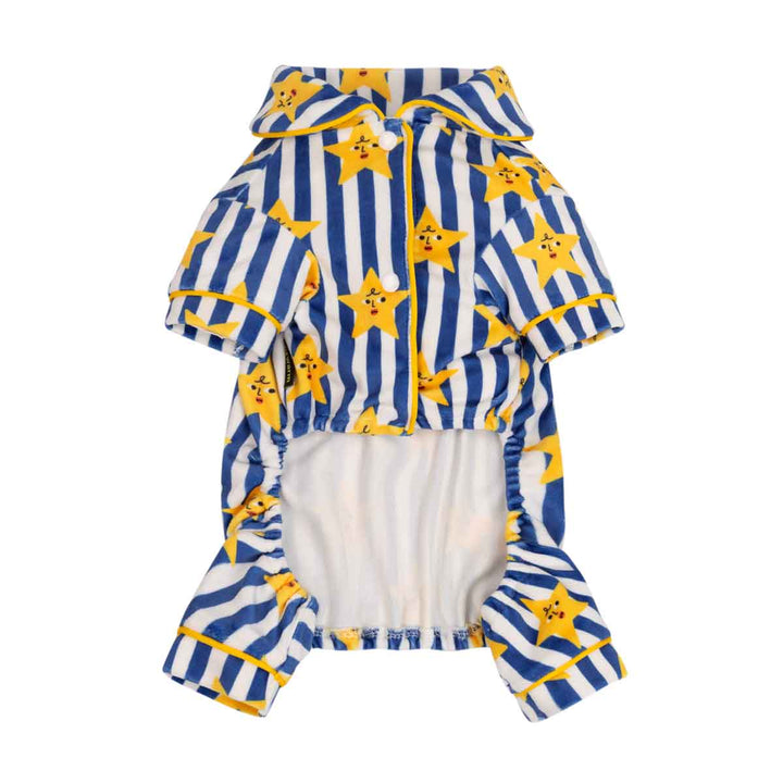 White and blue striped star dog onesie with button and collared neck on a white background