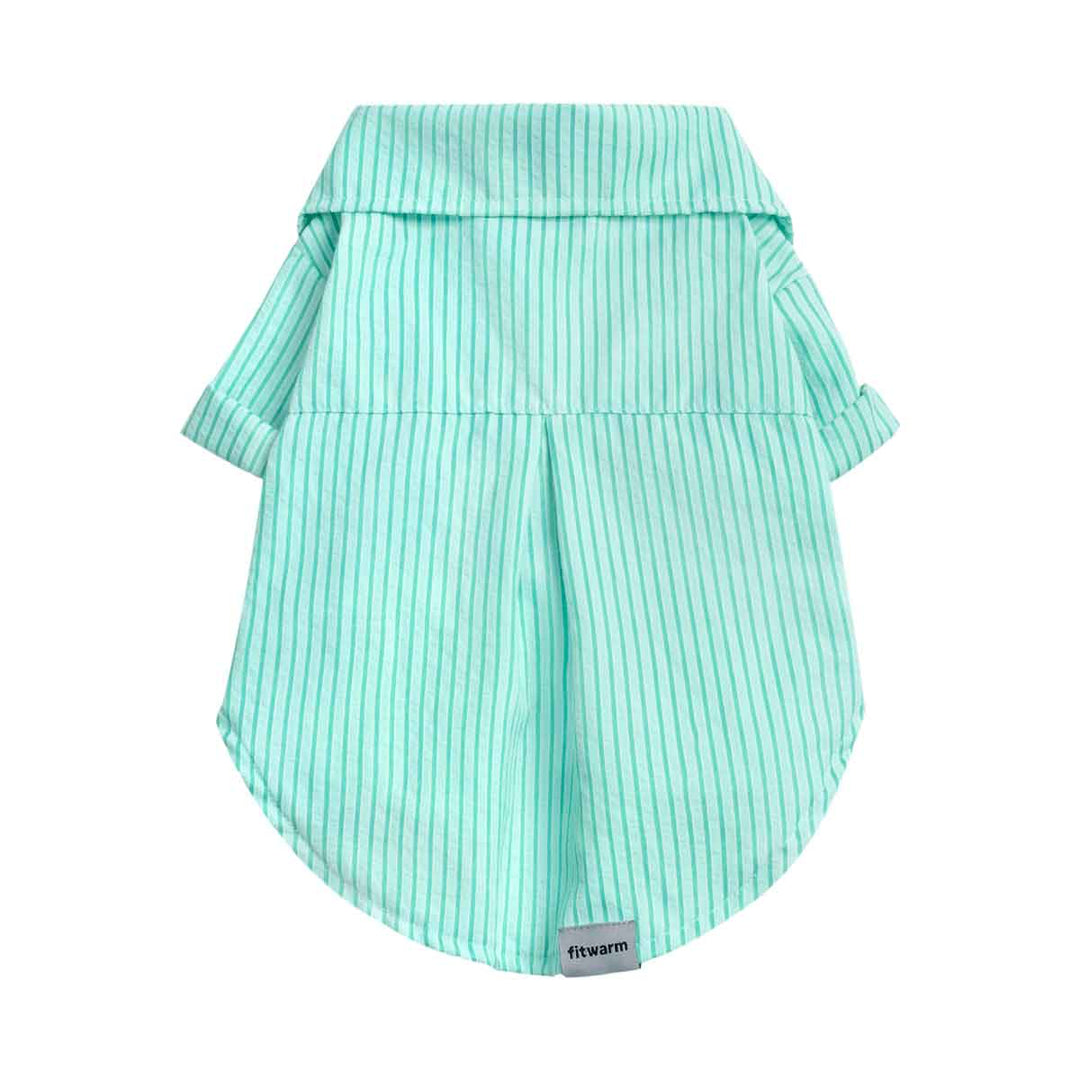 Green stripedshirt for dogs with 'fitwarm' label on a white background