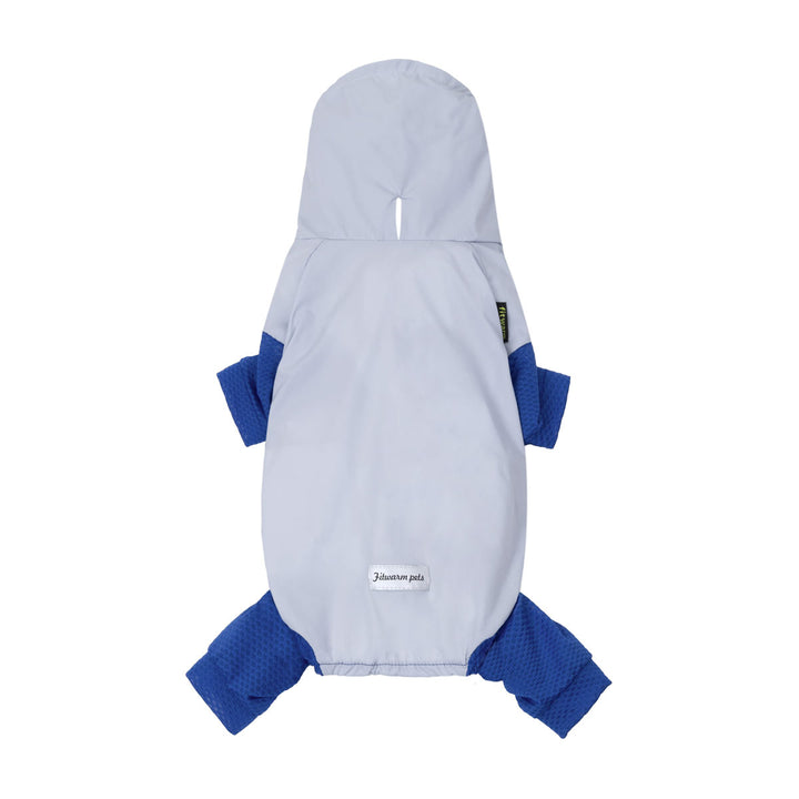 Blue colorblock UPF50+ dog jumpsuit on a white background