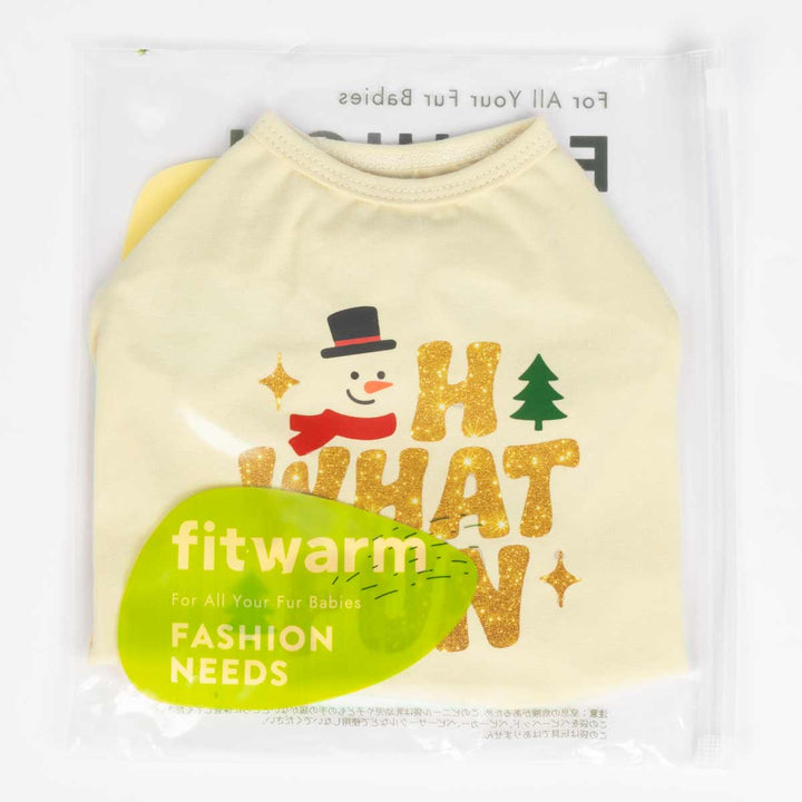 Packaged cream dog shirt with Oh What Fun lettering in clear bag, ready to ship