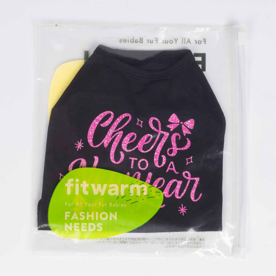 Packaged black dog shirt with pink “Cheers to a New Year” lettering in a Fitwarm bag.