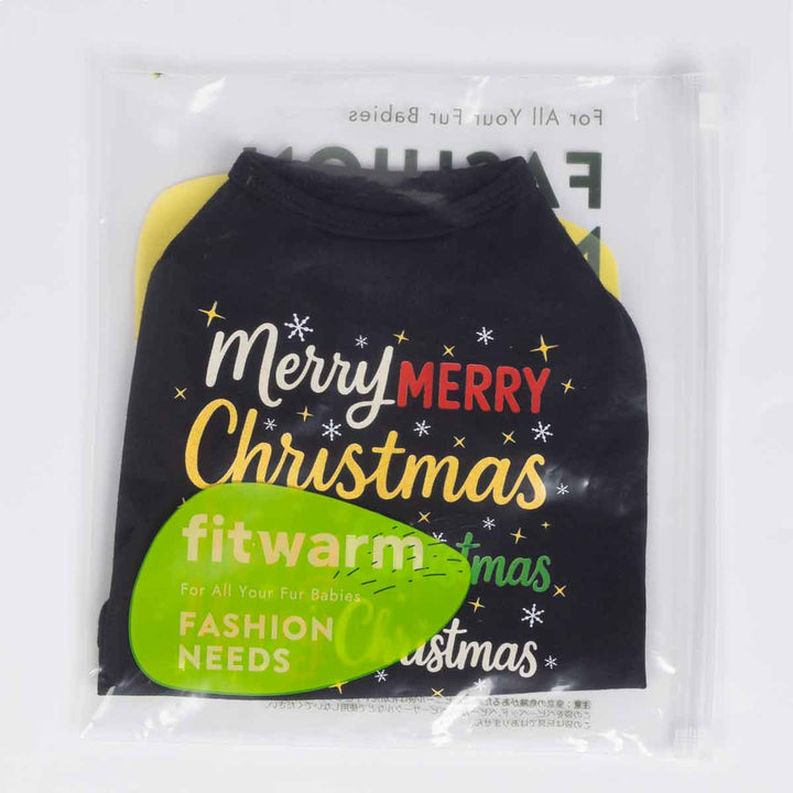 Packaged black dog shirt with Merry Christmas print sealed in Fitwarm clear bag