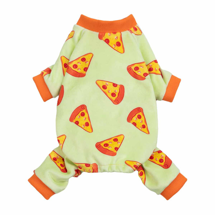 Front view of mint pizza print dog pajamas with orange collar and cuffs.