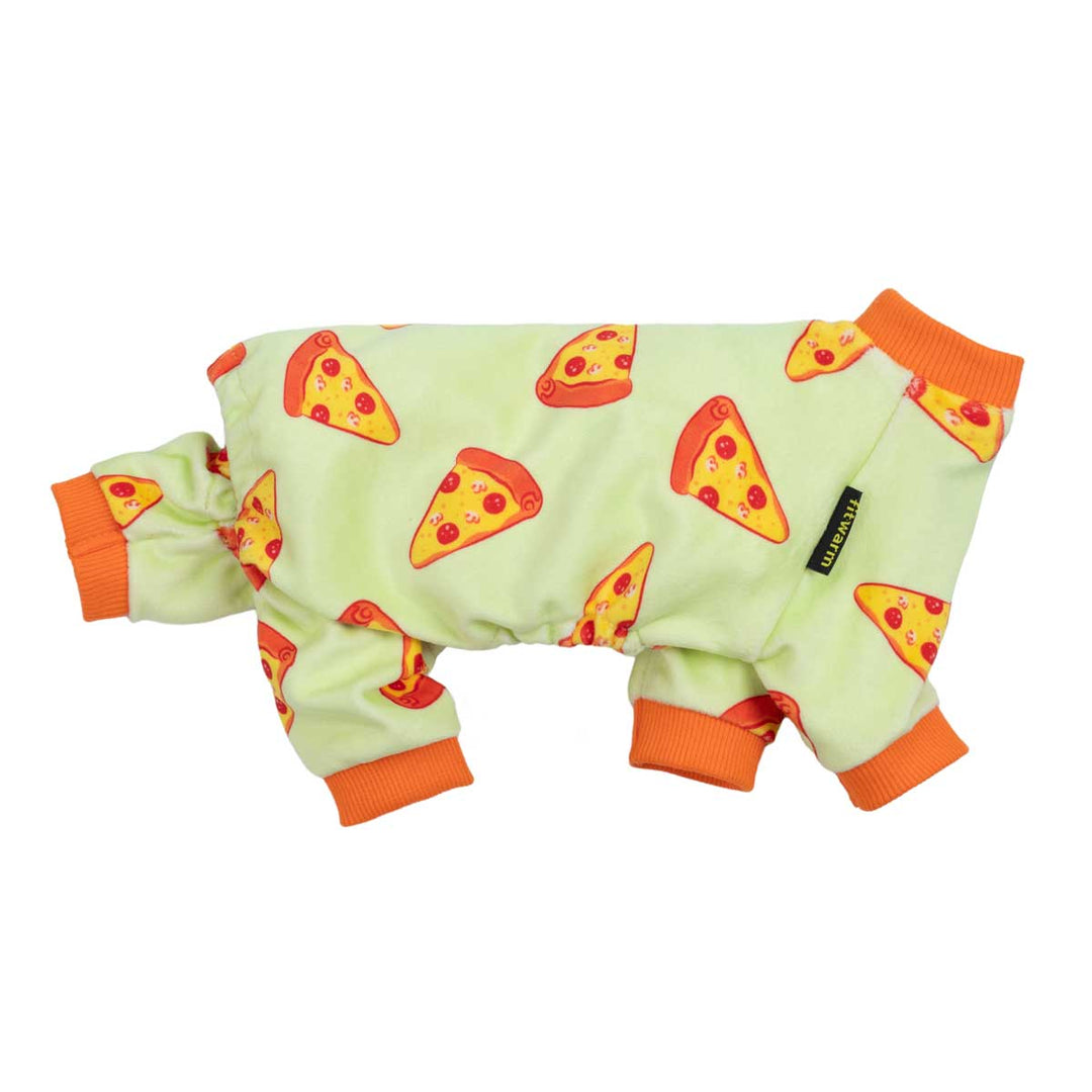 Side view of mint pizza print dog pajamas with orange rib trim and full legs.