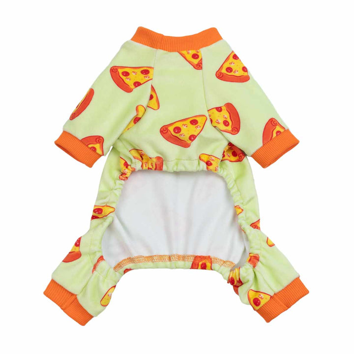 Back view of mint pizza print dog pajamas showing belly cutout and leg cuffs.