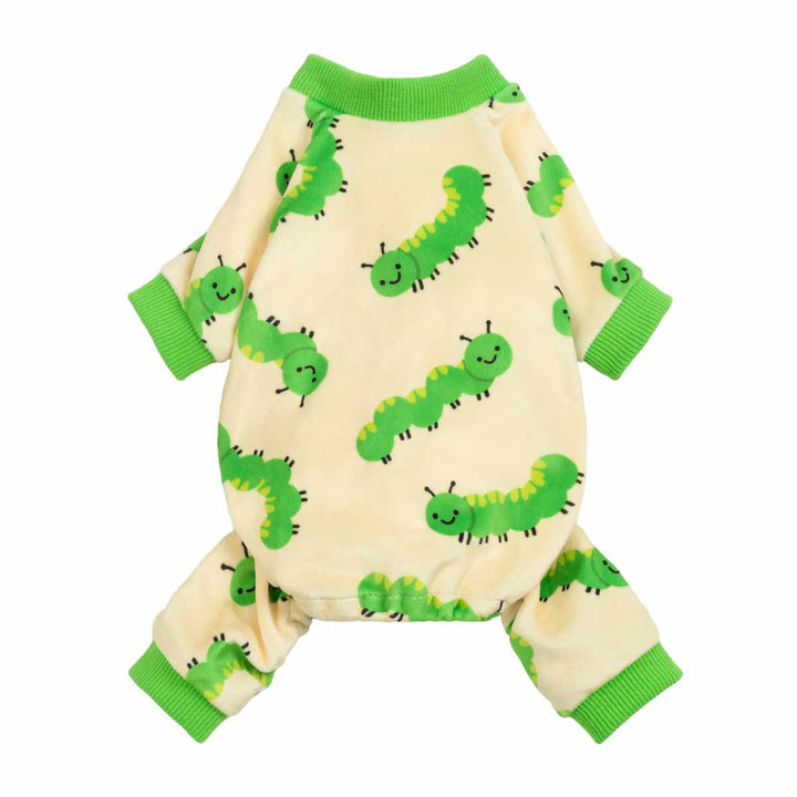 Front view caterpillar print dog pajamas with green cuffs and collar
