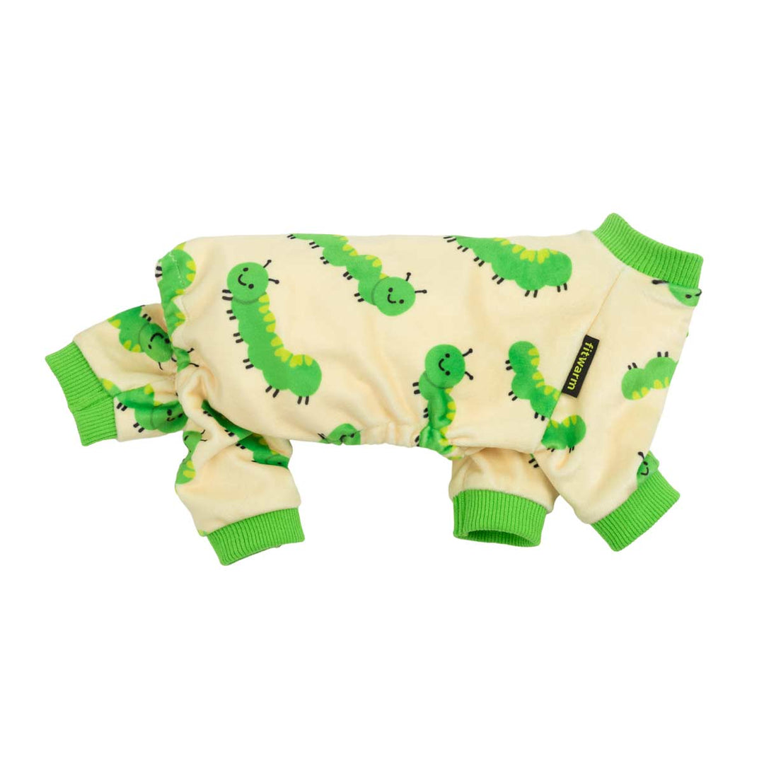 Side view caterpillar print dog pajamas with four leg coverage