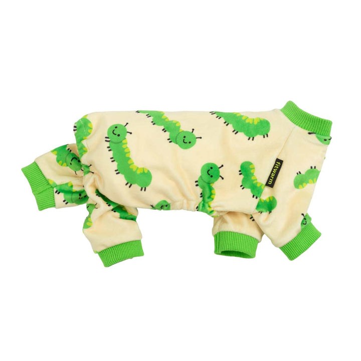 Side view caterpillar print dog pajamas with four leg coverage