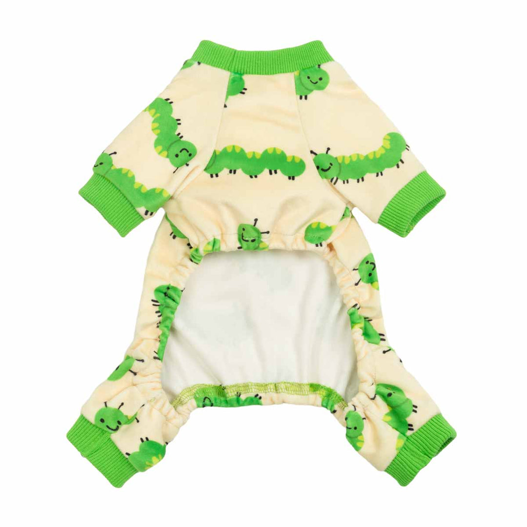 Back view dog pajamas showing belly opening and green trim