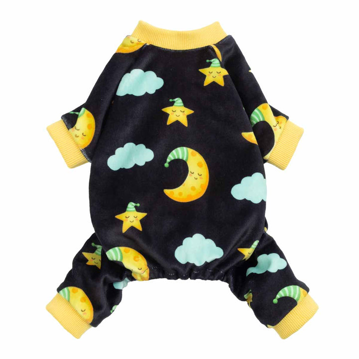 Front view dog pajamas in navy with moon star clouds and yellow cuffs