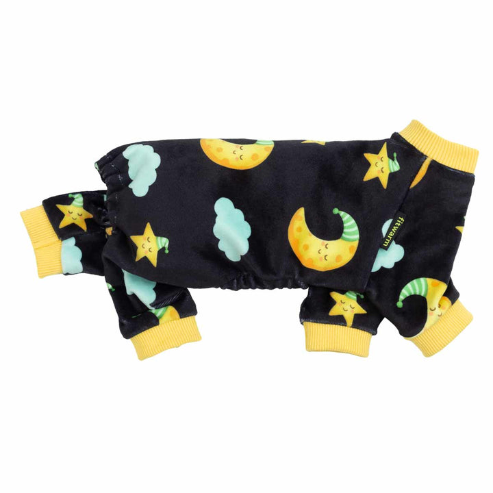 Side view dog pajamas with four legs yellow rib trim and dreamy night print