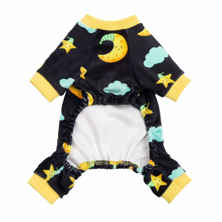 Back view dog pajamas showing belly opening and moon star pattern with yellow cuffs