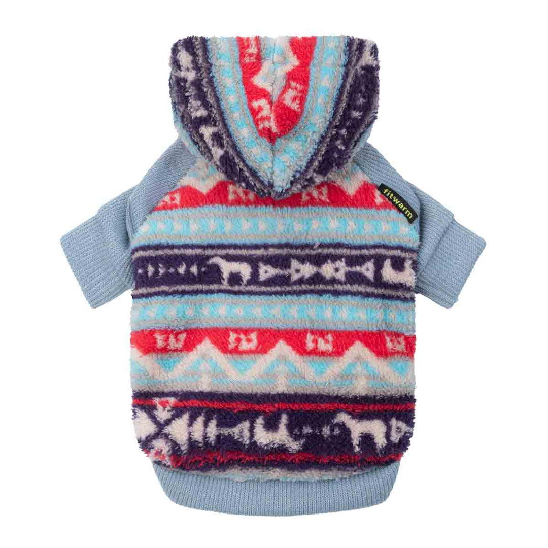 Colorful patterned dog hoodie displayed from the back with soft blue sleeves and fleece texture.