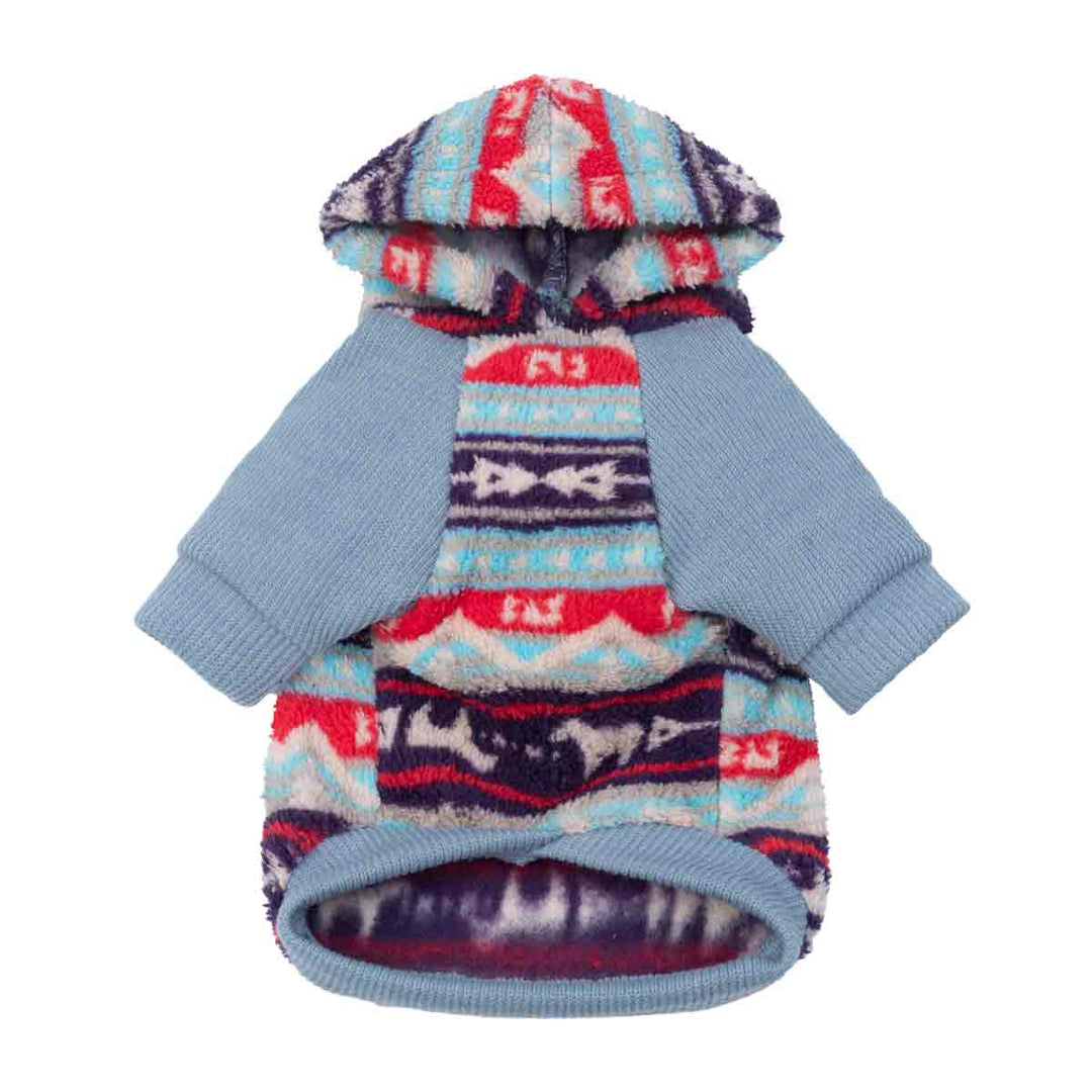 Colorful fleece dog hoodie shown from the front, featuring blue sleeves and a cozy hood.