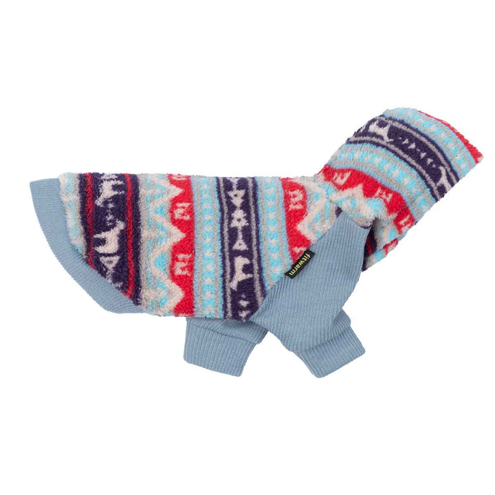 Side view of a colorful patterned fleece dog hoodie with blue ribbed sleeves.