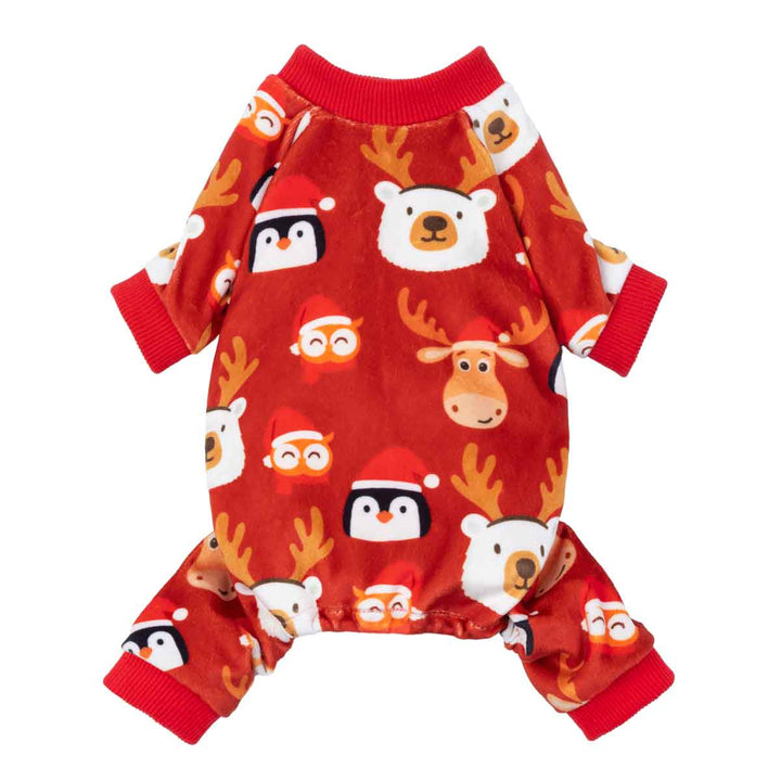 Snowman-print dog pajamas displayed flat, featuring red cuffs and an aqua background.