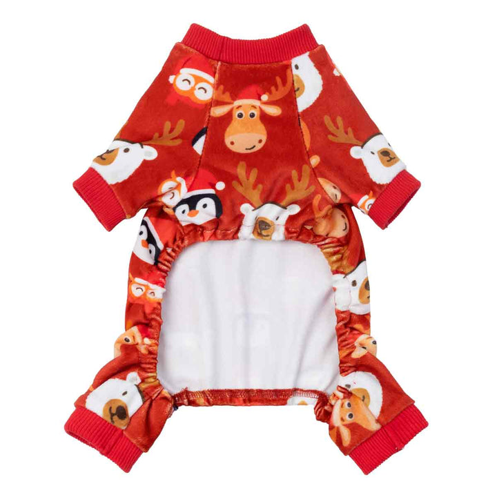 Back view of snowman-print dog pajamas with elastic openings and red ribbed trims.