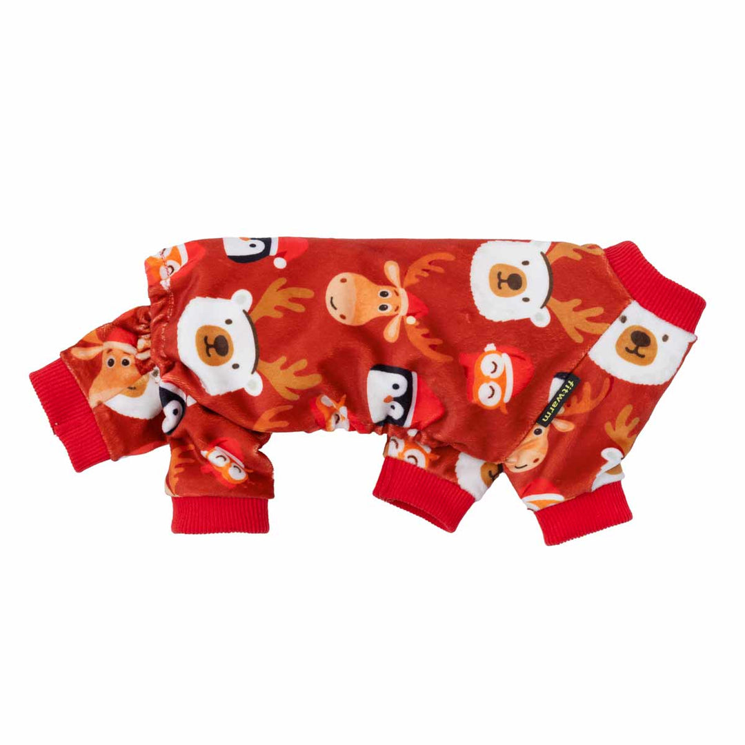 Side view of snowman-print dog pajamas in aqua blue with red ribbed cuffs.