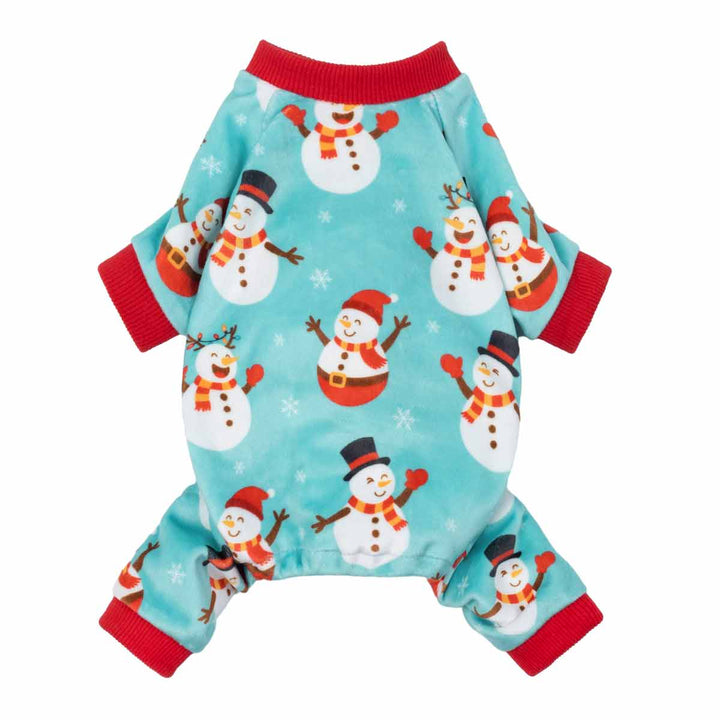 Dog pajamas featuring a teal snowman print shown in a full front view.