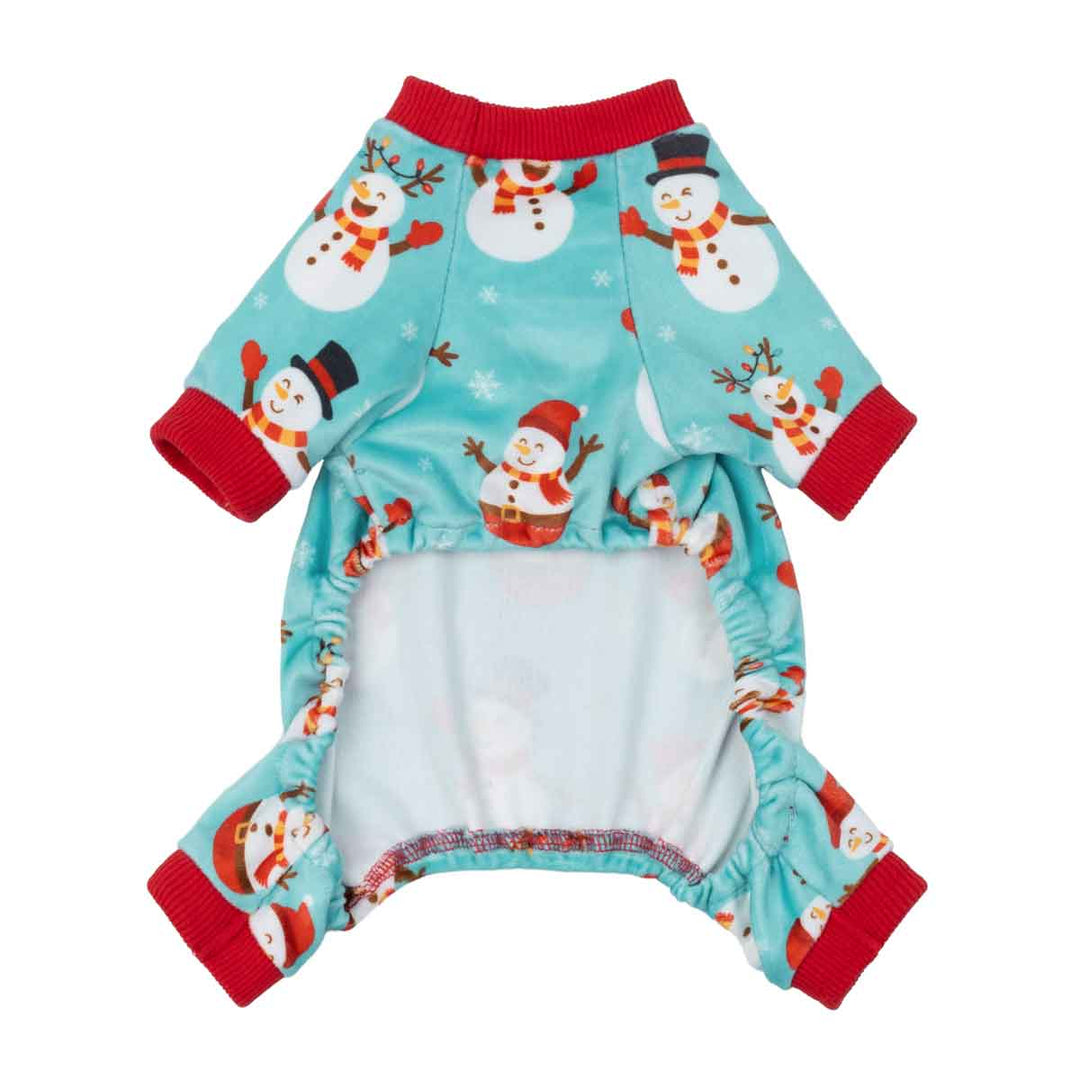 Dog pajamas with teal snowman pattern displayed in a full back view.
