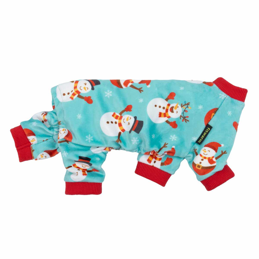 Dog pajamas in teal snowman design shown in a full side view.